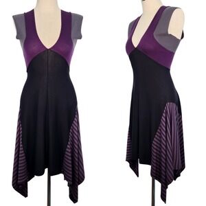 Custo Barcelona Purple Black Sweater Knit Asymmetrical Hem V Neck Dress Size 1